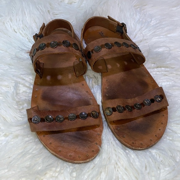 Frye Sandals Womens 6 Ally 2 Band Hammered Stud Sling Leather Brown - Picture 1 of 8